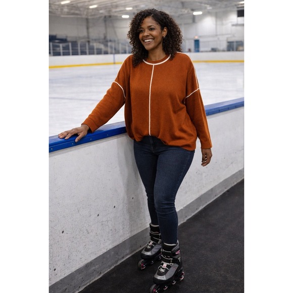 Gibson Latimer Sweaters - Gibson Latimer Womens Rust Orange Oversized Crewneck Sweater Piping Detail Sz M